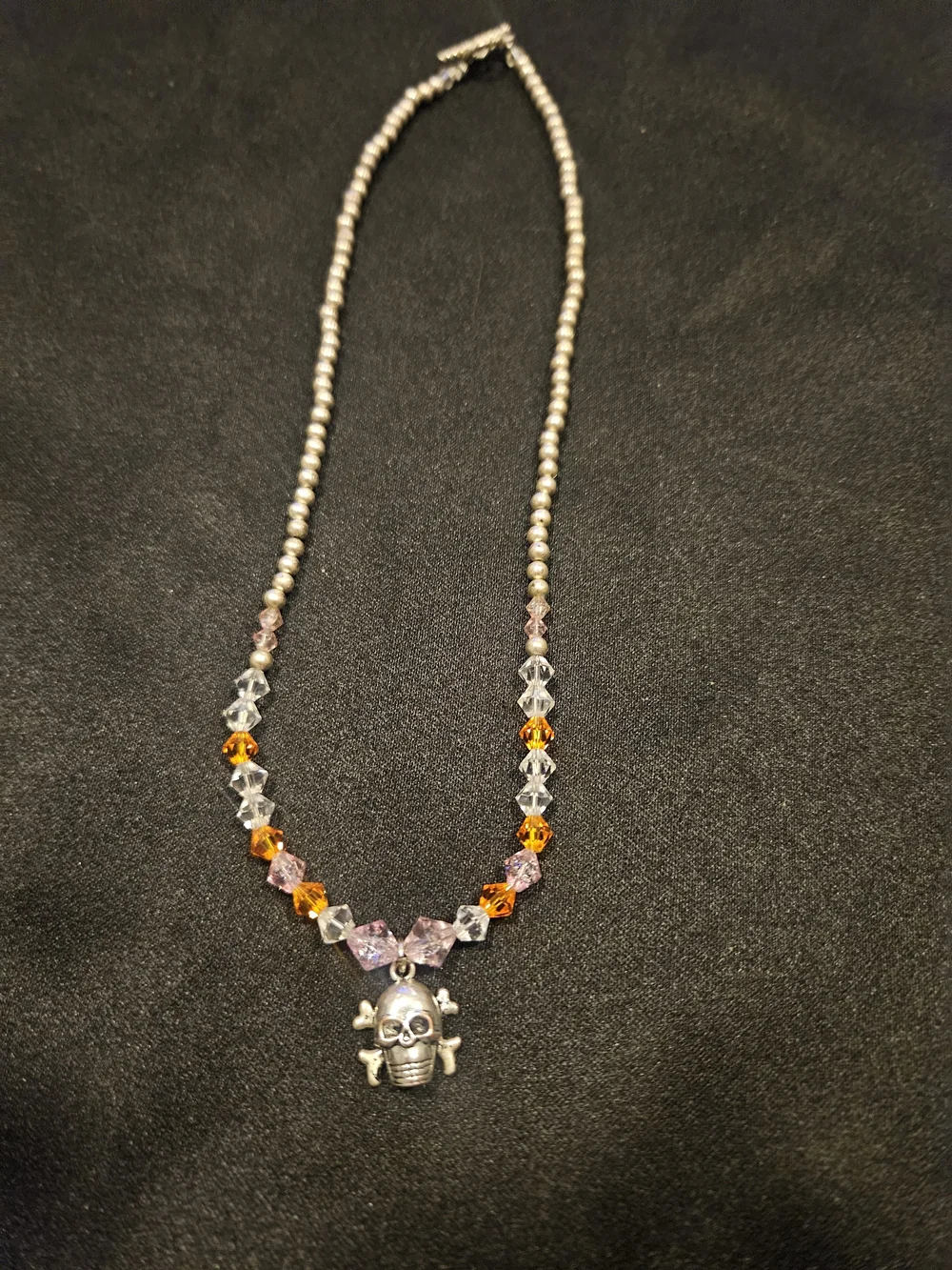 Beaded Skull Pendant Necklace in Pink, Orange and Clear